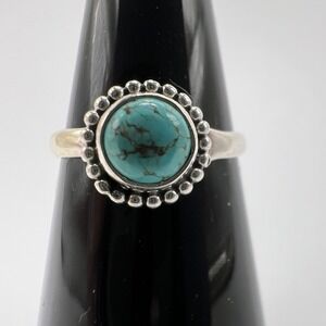 Sterling Silver Turquoise Gemstone Ring  Size 7 Southwestern Style, Beaded Halo